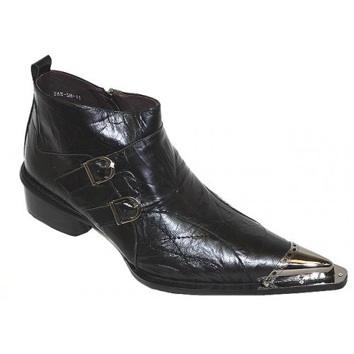 Zota Black Pointed Toe Metal Tip Wrinkle Leather Boots With Pull-Up Zipper And Two Buckles 268-3H
